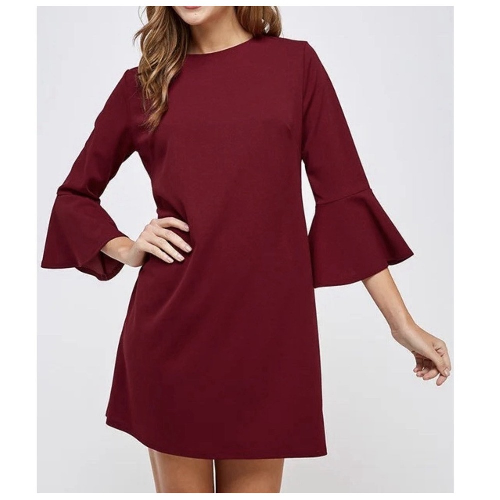 Entro Mini‎ Shift Dress Flare Sleeve Burgundy Maroon Sheer Sz Medium Boho Office